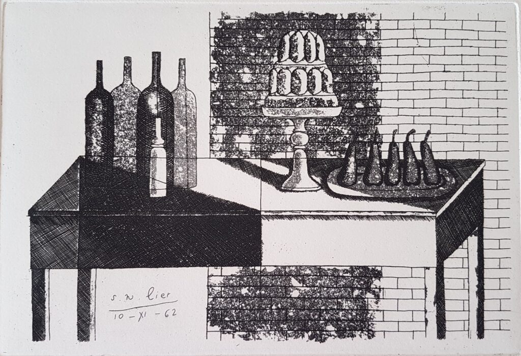 Stillleben mit Flaschen, Kuchen und Birnen-Aquatinta und Radierung 1962