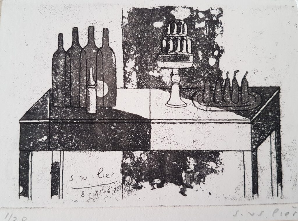 Kleines Stillleben mit Flasche Kuchen und Birnen-Aquatinta und Radierung 1962