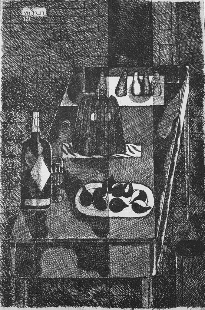 Stillleben mit Feigen, Birnen, Flasche und Kuchen 1964