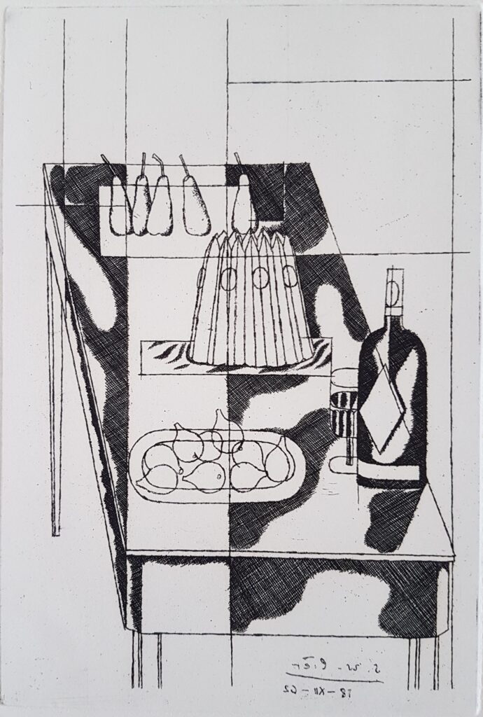 Stillleben mit Feigen, Birnen, Flasche und Kuchen 1962