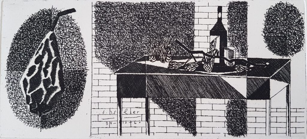 Stillleben mit zusammengeschrumpften Birnen und Flasche 1962