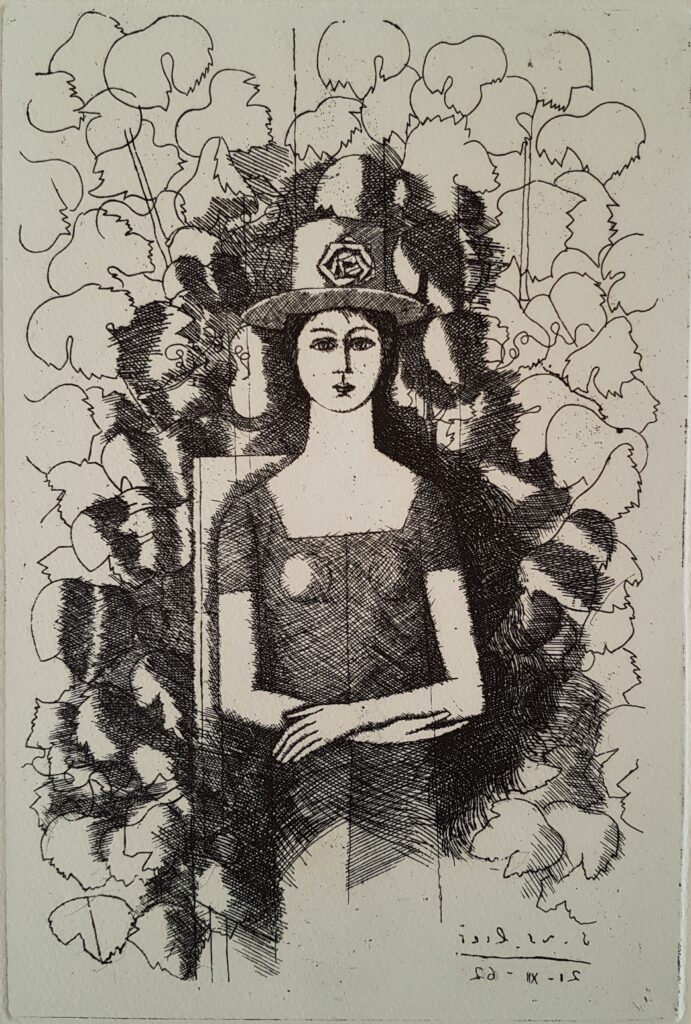 Figur vor Rebenblättern 1962