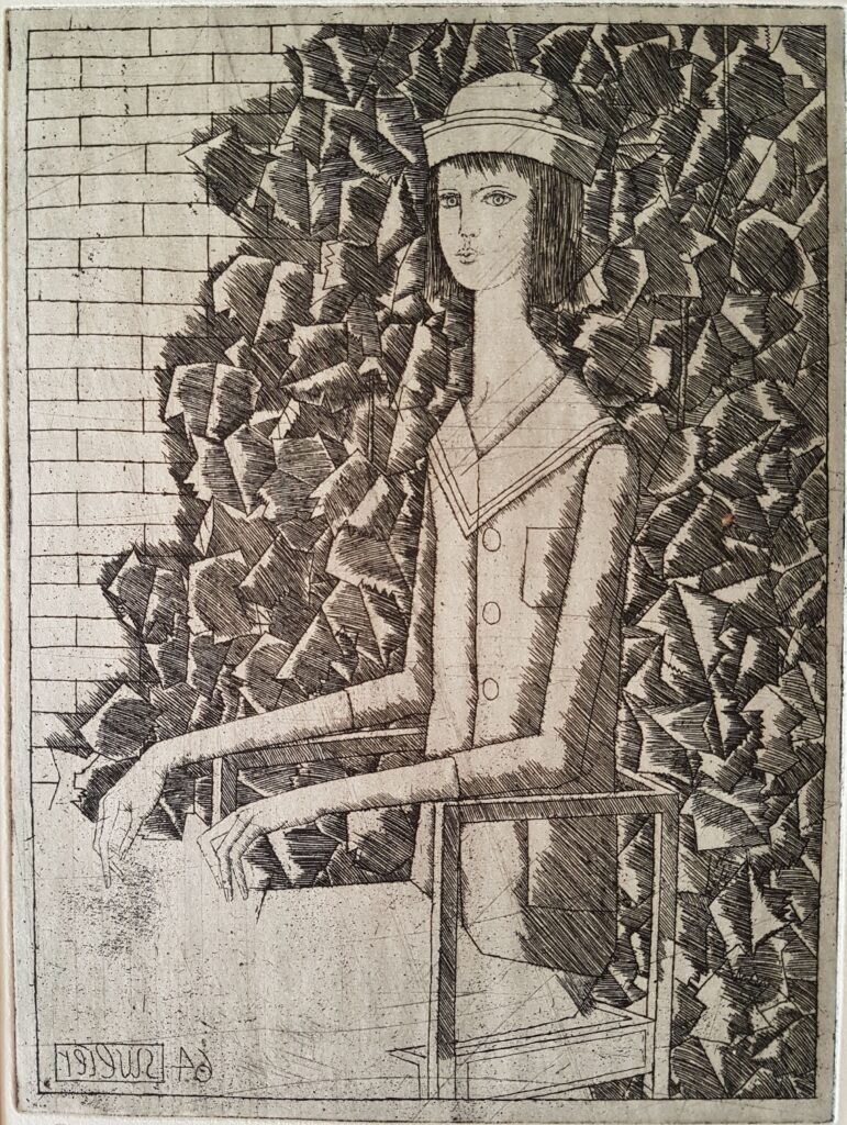 Mädchen vor Backsteinmaure mit Rebenblättern 1966