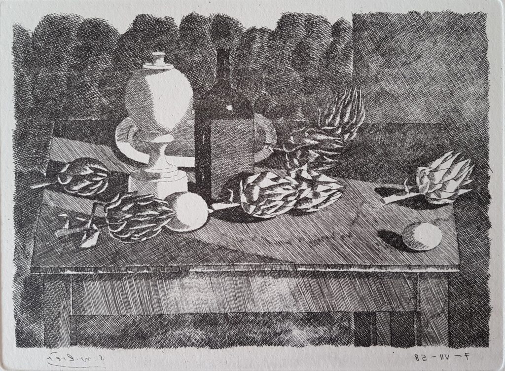 Stillleben mit Artischocken in Landschaft 1958