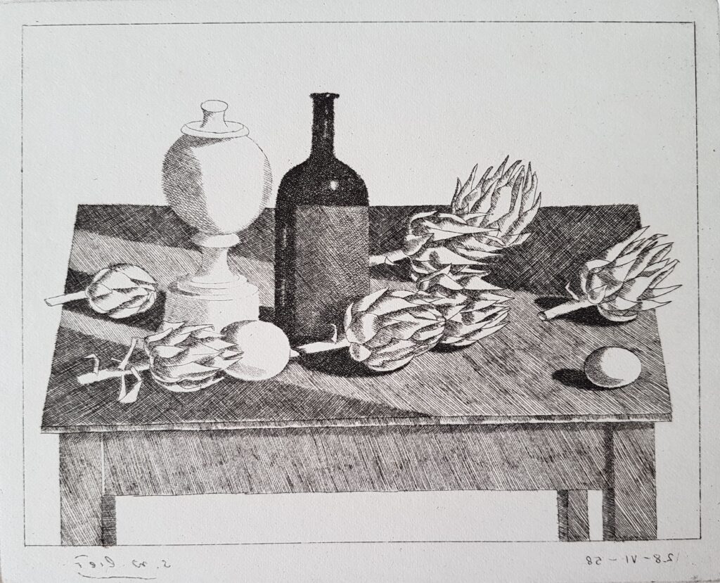 Stillleben mit Artischocken und schwarzer Flasche 1958