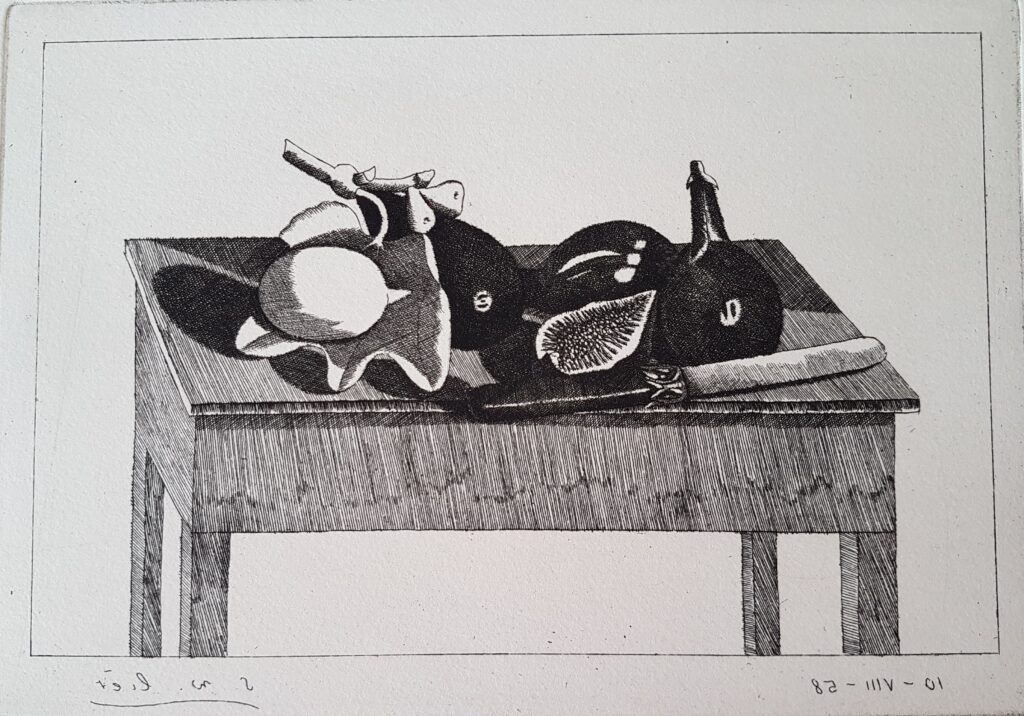 Kleines Stillleben mit Feigen und Messer auf Tisch 1958