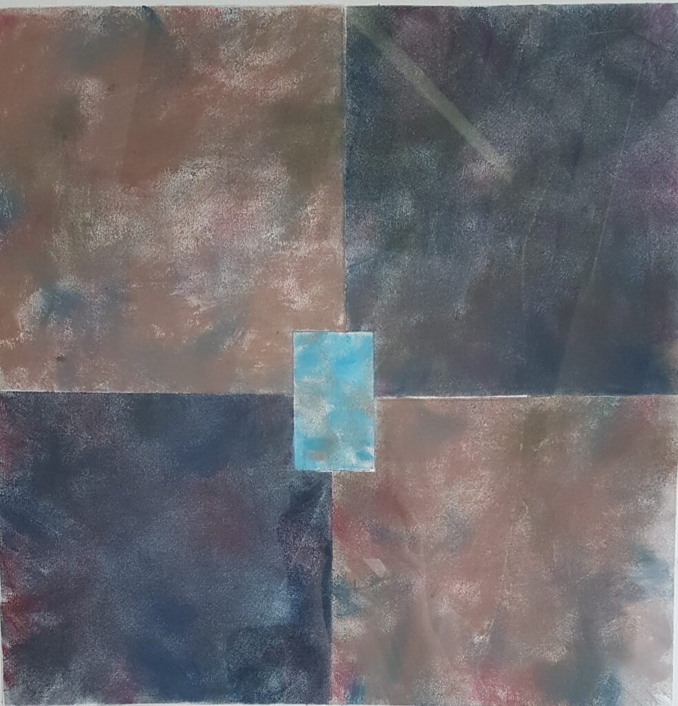 Himmelsausschnitt auf braunviolettem Fond mit carrés 2004