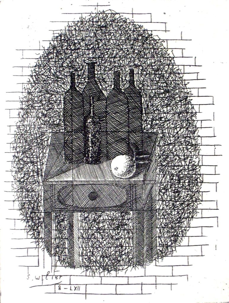Flaschen mit Orange vor Backsteinmauer 1962