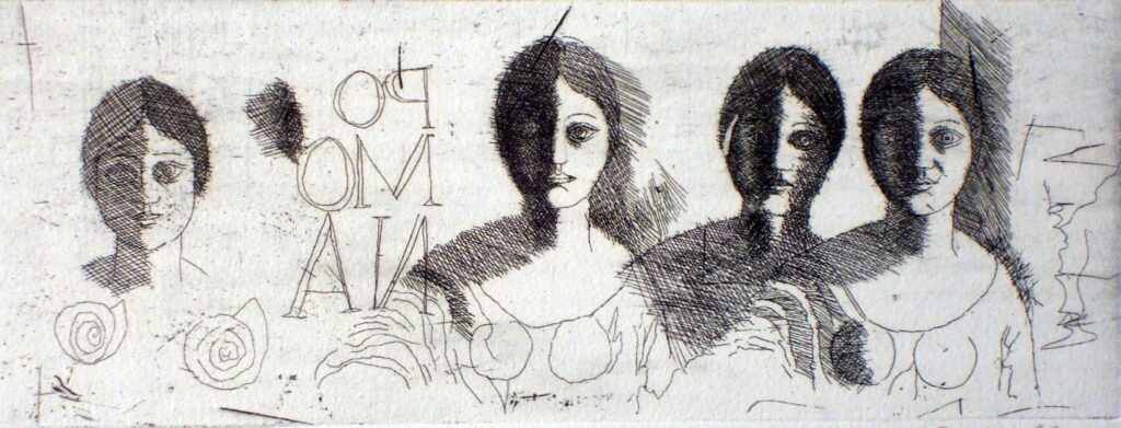 Studie zu Pomona - 4 Köpfe in Landschaft 1966