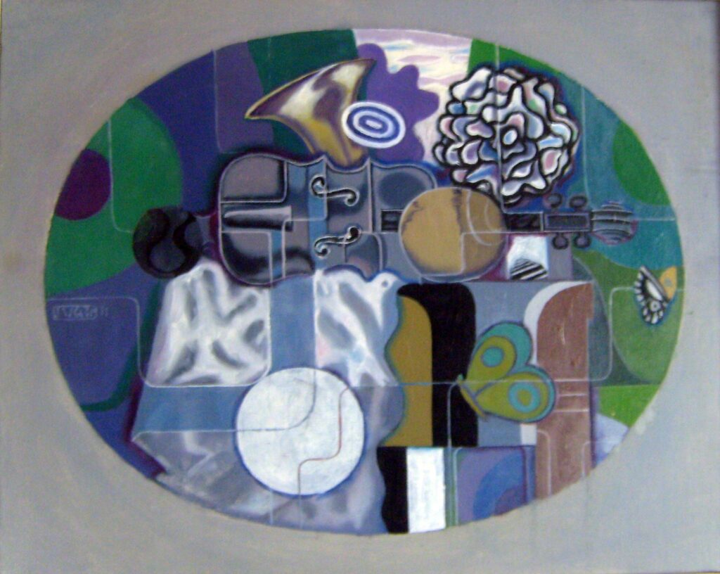 Kleiner Tisch des Musikers in Landschaft 1971