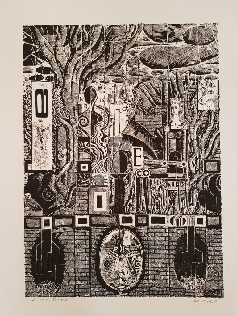 Dylan Thomas und die Muse 1967 - Handätzung für Zeitschrift „SPEKTRUM“ Nummer 36, Wald, September 1967, ausgestellt 3. Biennale für Grafik in Krakau