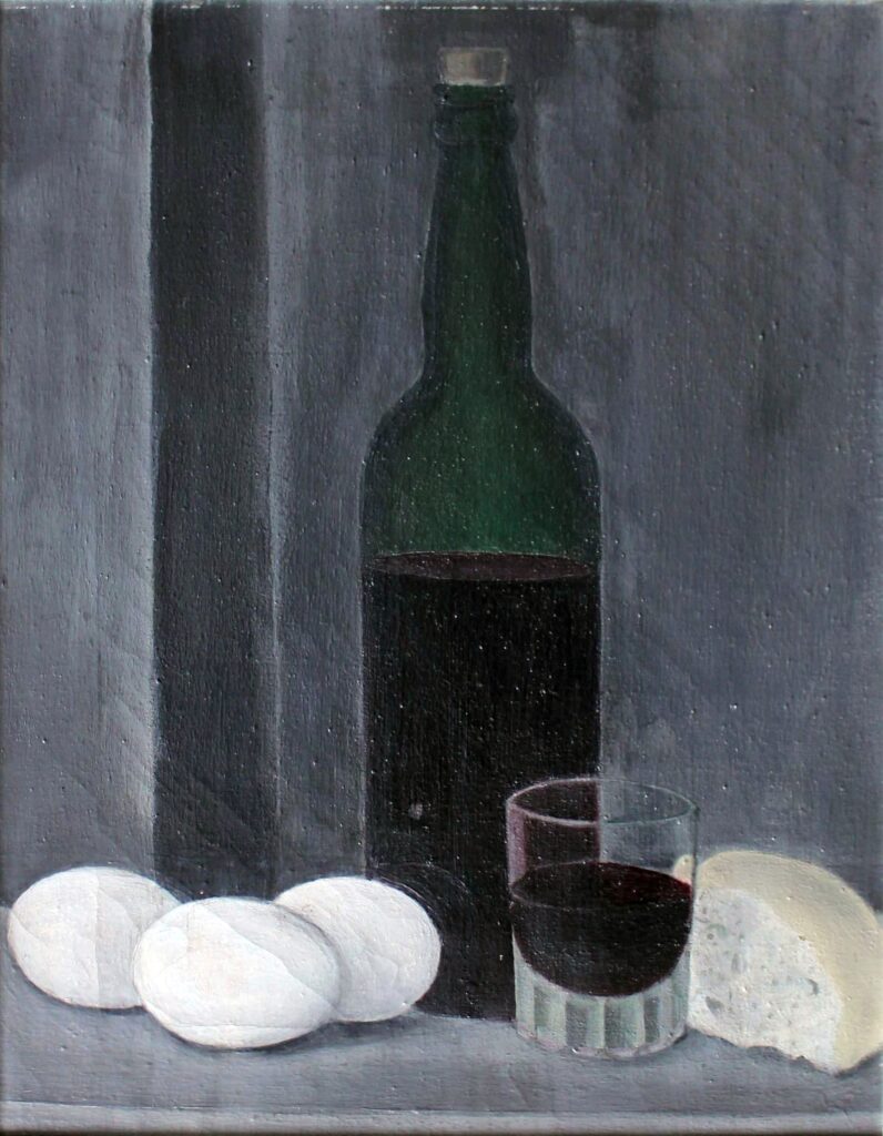 Nature morte mit drei Eiern Flasche Brot und Weinglas 1949