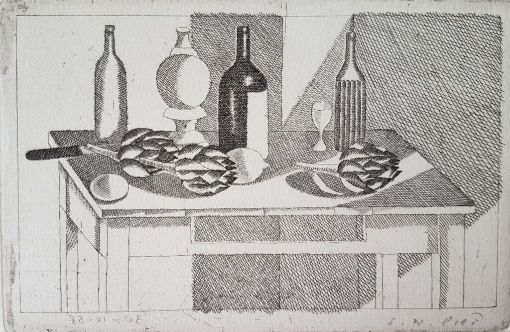 tillleben mit Artischocken, Flaschen und Messer links 1958