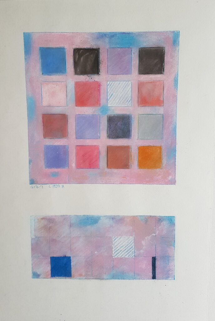 16 quadrate auf rotem Grund 1998