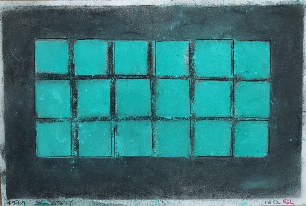 18 grüne Quadrate auf schwarzem Grund 2014