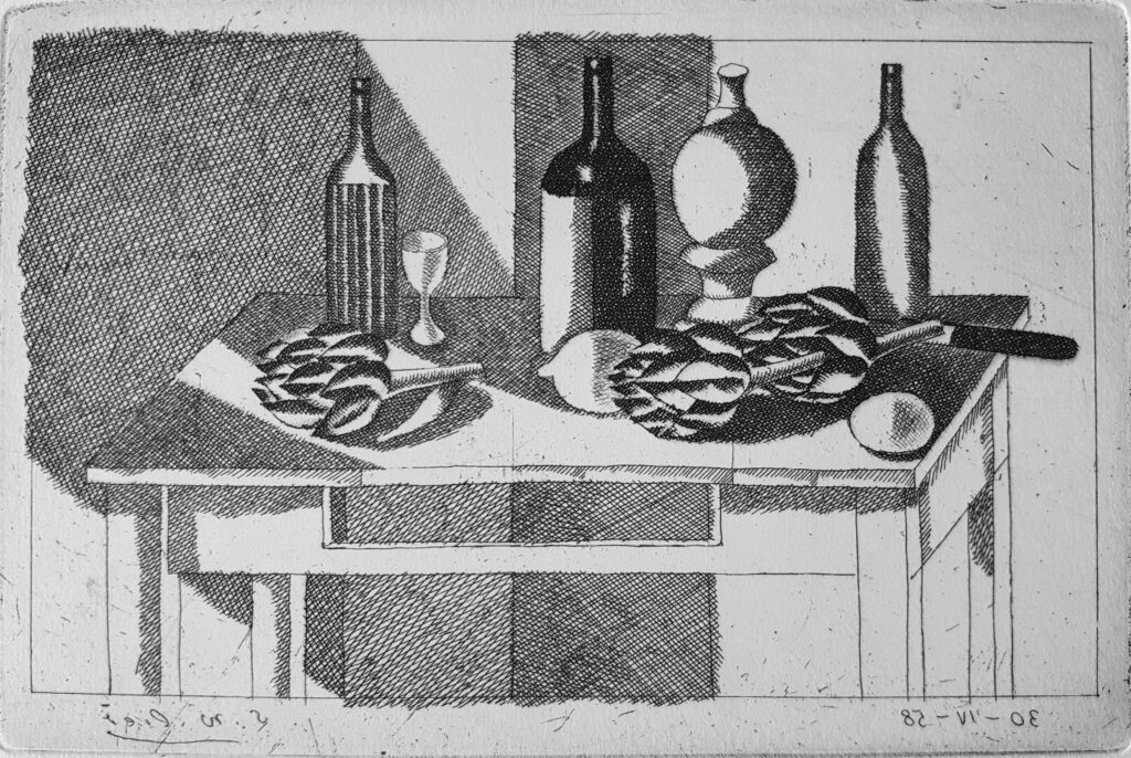 Stillleben mit Artischocken, Flaschen und Messer rechts 1958