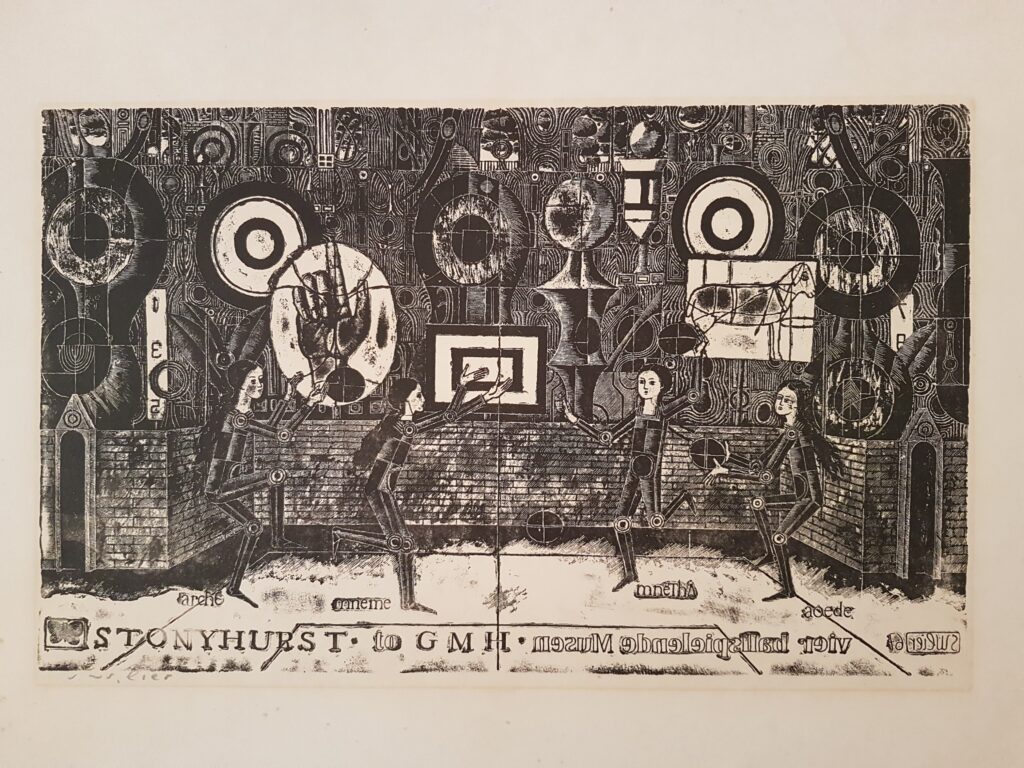 Stonyhurst, Kathedrale mit vier Mädchen - Hommage à Gerard Manley Hopkins, Handätzung, 28 x 46 cm, Pedrinate, Mai – Juni 1967, ausgestellt 3. Biennale für Grafik in Krakau