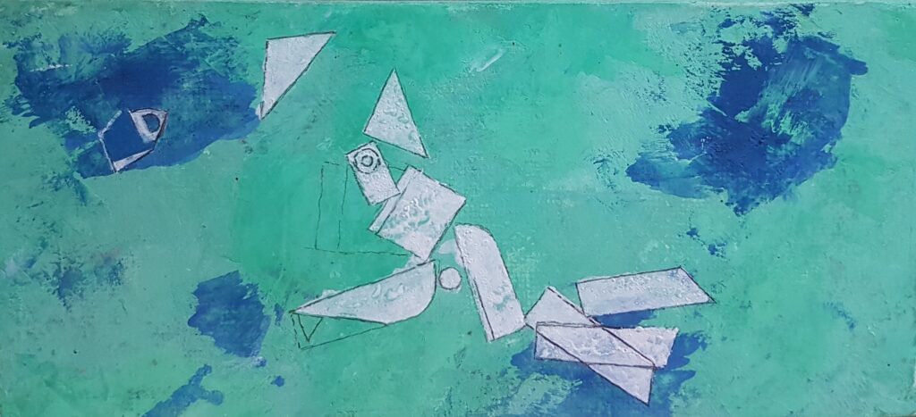 Assemblage d'éléments instables sur fond vert 1986 (2)