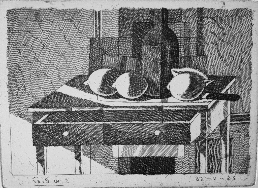 Kleines Stillleben mit drei Zitronen und schwarze Flasche 1958