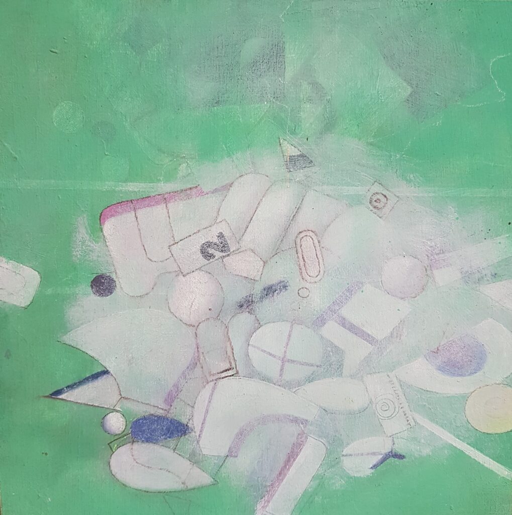 Assemblage d'éléments instables sur fond vert 1989