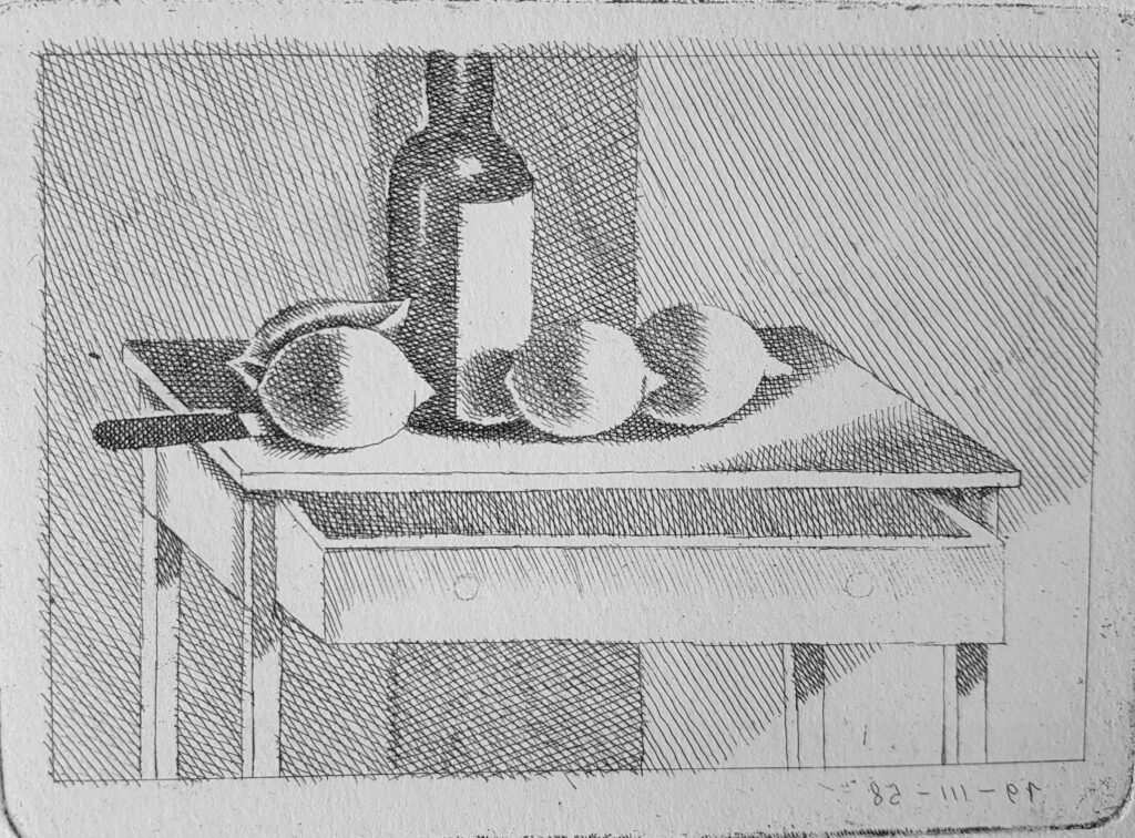 Stillleben mit drei Zitronen und Messer links 1958