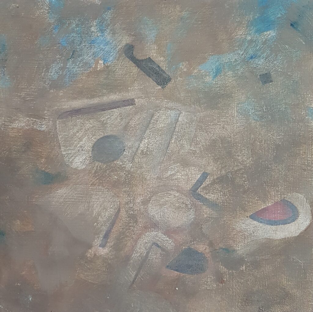 Agglomerat mit weissen Formen auf rötlichem Grund 1986