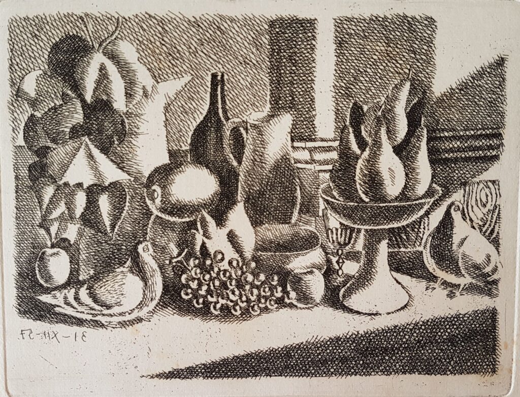 Stillleben mit Birnen, Tauben und Rebenblättern 1957