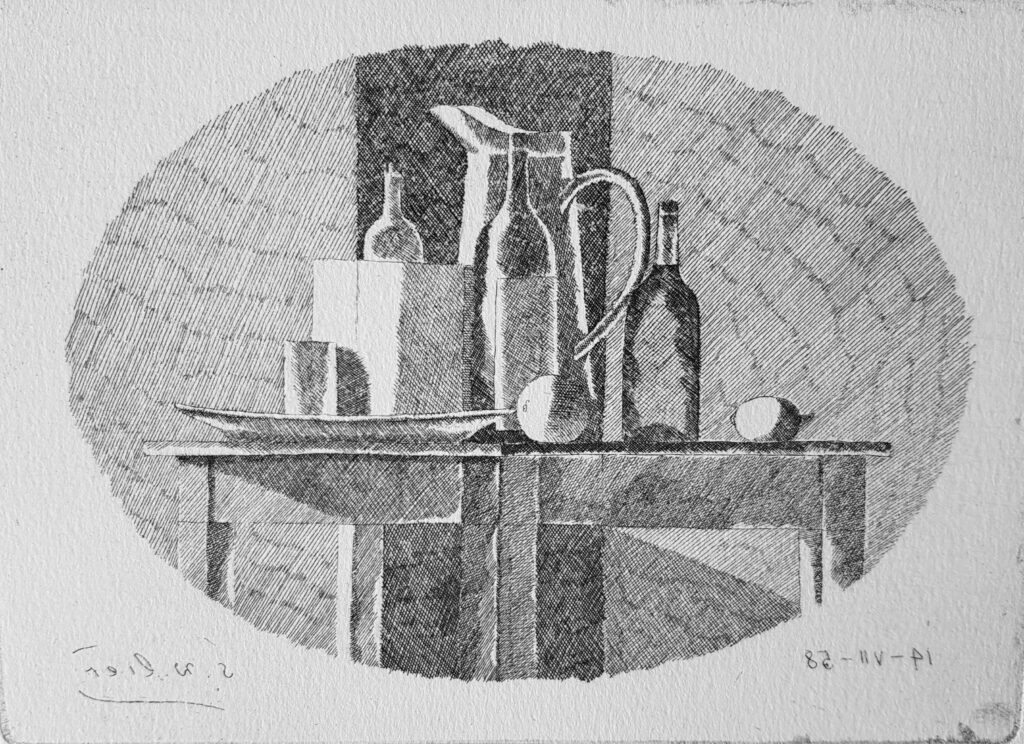 Stillleben mit Kanne, Flaschen und Orange - Oval 1958